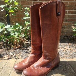 Frye Women's Melissa Pull-On Button Tall Brown Leather Riding Boots, Size 8.5B